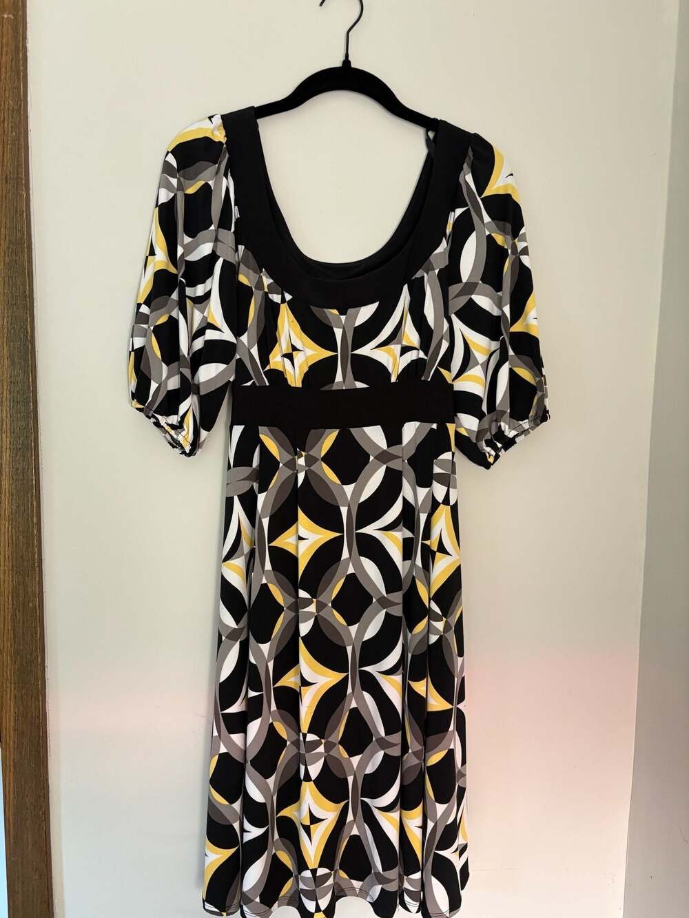 Bisou Bisou Yellow Geometric Print Short Sleeve Midi Dress Size 10